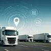 White semi trucks driving on highway with digital logistics overlay transportation