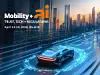 „Zukunftsstadt bei Sonnenuntergang mit autonom fahrendem Elektroauto auf digital beleuchteter Straße; Keyvisual für Mobility+AI-Konferenz zu Trust, Tech und Regulierung am 13.–14. April 2026 in München“