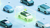 Digitales Fahrzeugmodell mit vernetzten Software- und Elektronikfunktionen auf blauem Hintergrund.