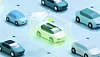 Digitales Fahrzeugmodell mit vernetzten Software- und Elektronikfunktionen auf blauem Hintergrund.