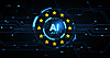 Holographic AI Act interface with digital globe and EU stars, futuristic circuit style on dark tech background. Concept of artificial intelligence regulation. 3D Rendering