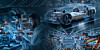 Digitale Darstellung einer vernetzten Fahrzeugentwicklung mit virtuellem Elektroauto, Produktionsanlage, Robotern und einem Ingenieur an einer holografischen Benutzeroberfläche.