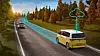 Volkswagen ID. Buzz fährt auf einer Landstraße. Türkise Cloud-Symbole und Datenlinien visualisieren die Vernetzung mehrerer Fahrzeuge.