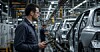 Mitarbeiter mit Tablet in einer Autofabrik neben einer Reihe montierter Fahrzeuge.