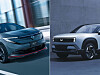 Zwei moderne Elektrofahrzeuge von Honda und Nissan vor einer grauen Gebäudefassade.