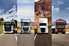 Vier Lkw der TRATON-Marken Scania, MAN, International und Volkswagen Truck & Bus fahren frontal auf unterschiedlichen Straßen vor verschiedenen Landschaftskulissen.