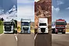 Vier Lkw der TRATON-Marken Scania, MAN, International und Volkswagen Truck & Bus fahren frontal auf unterschiedlichen Straßen vor verschiedenen Landschaftskulissen.