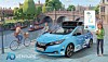 Illustration eines blauen Nissan Leaf mit Sensoraufbau für autonomes Fahren am Ufer in Cambridge. Im Hintergrund sind Radfahrer, Fußgänger, Boote und eine historische Brücke zu sehen.