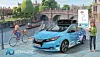 Illustration eines blauen Nissan Leaf mit Sensoraufbau für autonomes Fahren am Ufer in Cambridge. Im Hintergrund sind Radfahrer, Fußgänger, Boote und eine historische Brücke zu sehen.