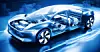 Blau beleuchtetes Elektroauto im Querschnitt mit sichtbarer Technik und Innenraum.