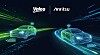 Digitale Darstellung zweier vernetzter Fahrzeuge in grünen und blauen Linien mit 5G- und Funksymbolen.