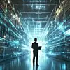 Futuristic Concept: Data Center Chief Technology Officer Using Laptop, Standing In Warehouse, Information Digitalization Lines Streaming Through Servers