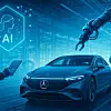 Digitale Illustration einer modernen Mercedes-Benz Produktionshalle mit einem zentral platzierten Fahrzeug im Vordergrund. Links ein IT-Spezialist mit Tablet, rechts ein Roboterarm im Einsatz. Im Hintergrund ein leuchtendes KI-Symbol – visualisiert die Verbindung von IT, KI und Produktion.