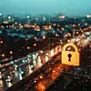 The image depicts a glowing holographic padlock overlaying a bustling nighttime road in Bangkok, symbolizing cyber security measures.
