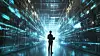 Futuristic Concept: Data Center Chief Technology Officer Using Laptop, Standing In Warehouse, Information Digitalization Lines Streaming Through Servers