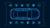 Ein grafisch dargestelltes Auto aus der Vogelperspektive mit zahlreichen Vernetzungsoptionen