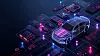 Digitales Konzeptbild eines vernetzten Autos: Ein stilisiertes, transparentes Fahrzeug mit leuchtenden Linien in Blau und Magenta steht auf einer abstrakten Oberfläche aus Leiterplatten, Mikrochips und Datenmodulen. Die Szenerie symbolisiert die Integration von Elektronik, Software und Datenverarbeitung im modernen Fahrzeugdesign.“
