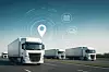 White semi trucks driving on highway with digital logistics overlay transportation